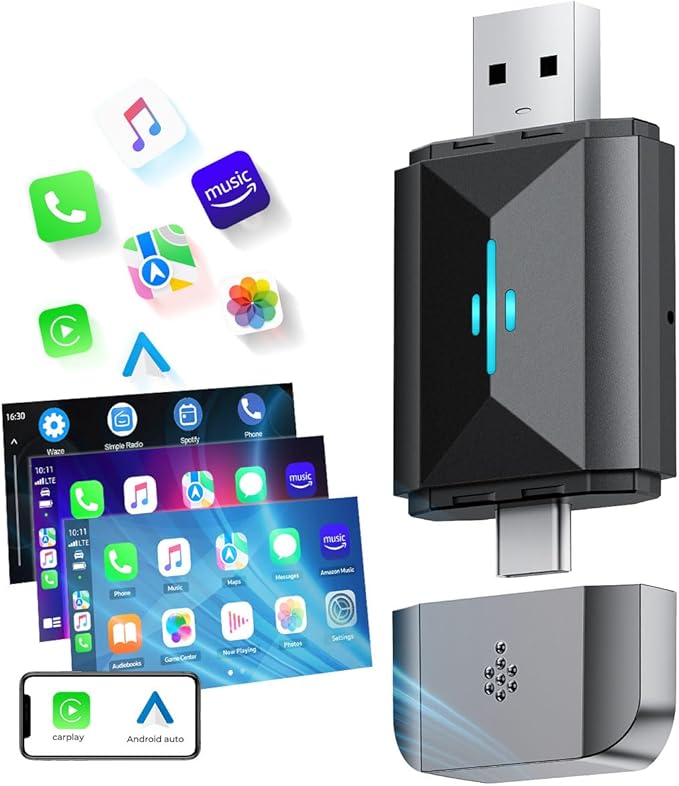 Volam 2-in-1 Carplay Wireless Adapter, Android Auto Wireless Adapter, Auto-Dongle wandelt Kabelgebundenes in Kabelloses um, für werkseitig verkabelte CarPlay-Autos ab 2016, Typ C/USB, Plug & Play
