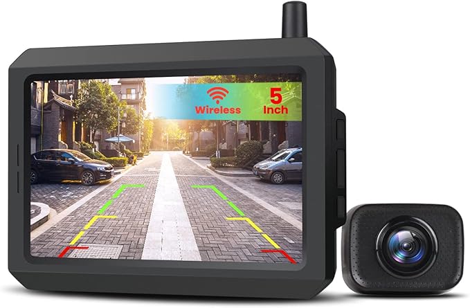 AUTO-VOX W7 5“ LCD Kabellos Digital Rückfahrkamera Set, mit eingebautem Funksender, Wireless Einparkhilfe, Wasserdicht IP68 Nachtsicht