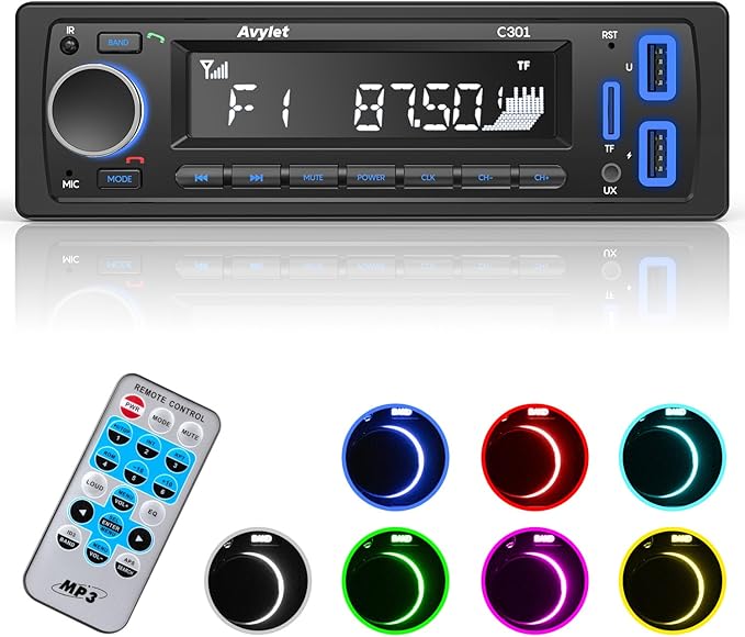 Autoradio Bluetooth 5.0,Avylet Autoradio mit Bluetooth Freisprecheinrichtung,7 Farben FM Autoradio 1 Din mit 2 USB/AUX/Speicherkarte/MP3-Player
