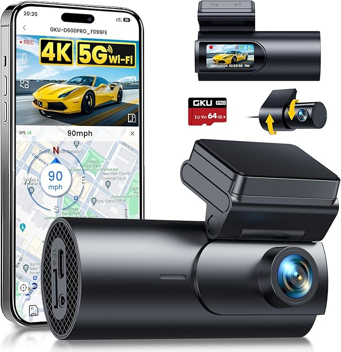 GKU 4K Dashcam Auto Vorne Hinten, 5GHz WiFi GPS, Dual Dash Cam, 1.5” IPS Mini Auto Kamera mit 64GB SD Karte, Parküberwachung, Super Nachtsicht, WDR, 170° Weitwinkel, G-Sensor, APP Steuerung, Max 256GB