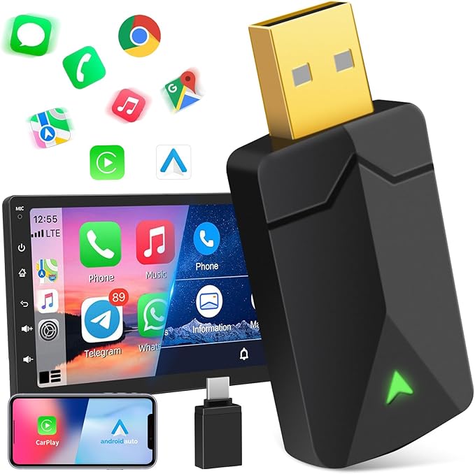 2 IN 1 Wireless Android Auto & Carplay Wireless Adapter, Convert Wired to Wireless Carplay Dongle, mit Type-C Adapter, Easy Plug & Play, Mini & Stabil, WiFi 5.8GHz, Unterstützt iOS 10+ und Android 11+