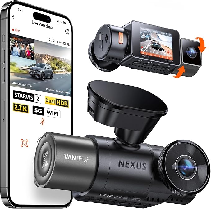 VANTRUE N2X 2.7K+1080P Dashcam Auto Vorne Innen, STARVIS 2 Dual HDR Nachtsicht Dash Cam, 2.5K/60FPS Front, GPS, 5GHz WiFi, App & Sprachsteuerung, 2′′ 323° Dasch-Cam 24/7 Parkmodus, G Sensor, max. 1TB
