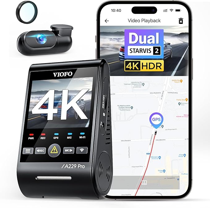 VIOFO A229 Pro 4K + 2K Dual STARVIS 2, HDR Vorne hinten Dashcam Auto, Sprachsteurung & 5GHz Wi-Fi Wlan Autokamera, Ultrapräzises GPS mit CPL Filter, Super Nachtsicht 2.0, Sprachausgabe, bis 512 GB Max