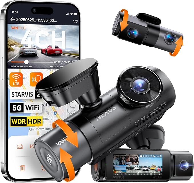 VANTRUE N5S 4 Kanal STARVIS 2 Dashcam Auto 2.7K+ 1080P+ 1080P+ 1440P Vorne Innen Hinten, HDR+ WDR Dash Cam 5G WLAN, Sprachsteuerung Dashcams, GPS, 24Std. Puffer Parkmodus, LTE Optional, Max 1TB