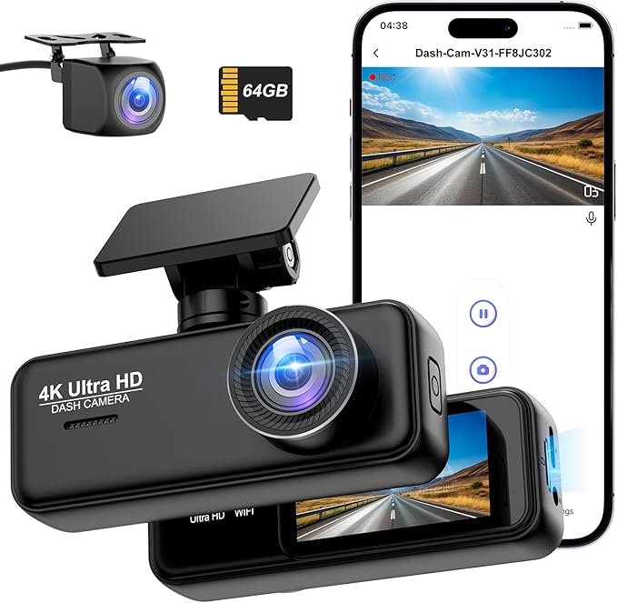 Dashcam Auto 4K+1080P SIGRILL Dashcam Auto Vorne Hinten, WiFi Dash Cam APP Steuerung, kostenlose 64-GB-Karte, Ultra Nachtsicht Daschcam, 24H Parkmodus, G-Sensor, Loop-Aufnahme, Max 256GB