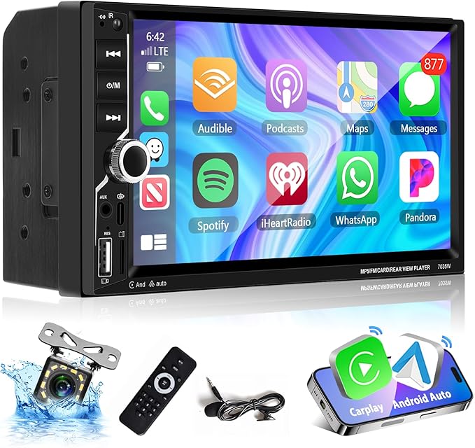 Podofo Carplay 2 Din Car Stereo, 7 Zoll Bluetooth Autoradio, Doppel Din Radio Unterstützung Wireless Android Auto/Touchscreen/Bluetooth 5.1/MirrorLink/FM/USB/AUX/Laden/Fernbedienung + Rückfahrkamera
