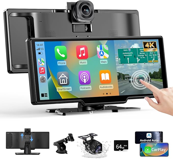 Alpinetech 10,26 Zoll Carplay Display & Android Auto Display, Car Play mit 4K Dashcam 1080P Rückfahrkamera IPS Touchscreen Bluetooth Mirror Link FM AUX Siri Assistant 64G TF