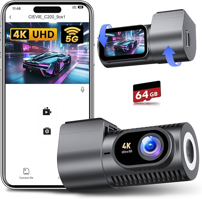 CIEVIE Dashcam Auto Vorne 4K, 1,5" IPS Display & 5G WiFi & 64GB Karte, 360° Drehbar Mini Dash Cam, Auto Kamera mit WDR Nachtsicht, 24/7 Parküberwachung, G-Sensor, Loop-Aufnahme, 170° Weitwinkel, C200