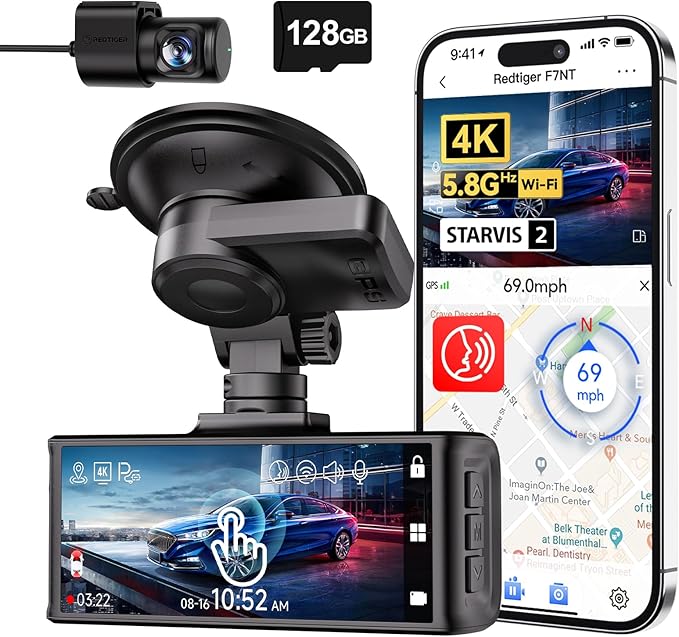 REDTIGER 4K STARVIS 2 Dashcam Auto Vorne Hinten, Touchscreen 3,18 Zoll, Sprachsteuerung, Dash Cam Auto 5.8GHz WiFi GPS, Kostenlose 128GB Karte, 2160P UHD Nachtsicht, WDR, Parkmonitor(F7N Touch)
