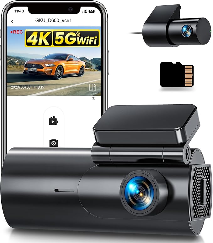 GKU Dashcam Auto Vorne Hinten 4K+1080P, 5GHz WiFi Dash Cam mit 64GB SD Karte, Auto Kamera mit Parküberwachung, Super Nachtsicht, WDR, 170° Weitwinkel, G-Sensor, Loop-Aufnahme, APP Steuerung, Max 256GB