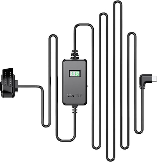 VANTRUE USB C Display OBD Hardwire mit 3 Stufen für alle Vantrue Dash Cam Halterung, Niederspannungsschutz 11.6V/12V/12.4V, 23.6V/24V/24.4V, 24 Std. Parküberwachung, 3 Meter Lang (VP04)