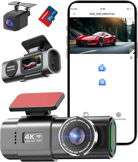 WiFi Dashcam Auto Vorne Hinten,4K+1080P,Auto Kamera,App-Steuerung Autokamera mit 64G SD-Karte,170°+140° Ultraweitwinkel,Mini 1.47 Zoll,Nachtsicht,WDR,G-Sensor,Loop-Aufnahm,Parküberwachung