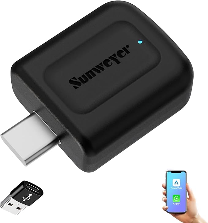 Sunweyer 2024 neuester Wireless CarPlay & Android Auto Dongle 2 IN 1 Auto Connect Box, USB Type-C-Anschluss, unterstützt Online-Updates, Kabel zu Wireless Adapter (Tipe-C Port)