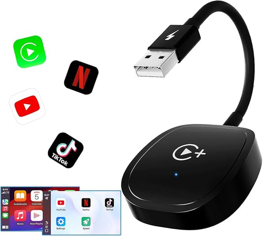 XHU CarPlay Wireless Adapter mit Netflix, YouTube und Tiktok Stream Media Play, 2024 Upgrade Wireless CarPlay Video Adapter kompatibel mit Phone iOS 10+ und ab 2016 mit OEM Wired CarPlay Cars