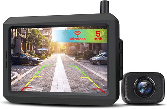 AUTO-VOX W7 5“ LCD Kabellos Digital Rückfahrkamera Set, mit eingebautem Funksender, Wireless Einparkhilfe, Wasserdicht IP68 Nachtsicht