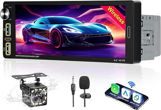 Bluetooth Autoradio 1DIN kompatibel mit Wireless CarPlay und Android Auto, 6.9’‘HD Touchscreen Player, Mirror Link/FM/AM/RDS Radio/Bluetooth Freisprecheinrichtung/Typ C/Mikrofon mit Rückfahrkamera