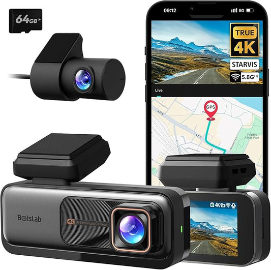 BOTSLAB Dashcam Auto Vorne Hinten, 4K Dashcam Auto GPS mit WiFi, Dual Autokamera mit 64GB SD Karte, ADAS, Nachtsicht, 170°Weitwinkel, WDR, 2,45" IPS, 24/7 Parküberwachung, Loop-Aufnahme