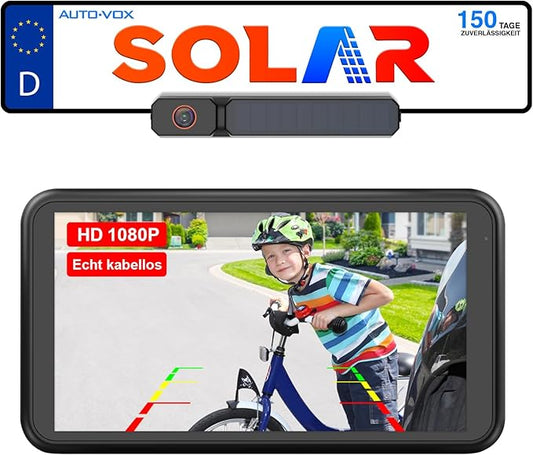 AUTO-VOX Solar Rückfahrkamera Kabellos mit 5" 1080P Monitor: 5000mAh Akku 2 Mins DIY Installation & Dual-Split Funk Rückfahrkamera, IP69K Wasserdicht Rückfahrkameras für Auto, LKW, Van, SUV, Wohnmobil
