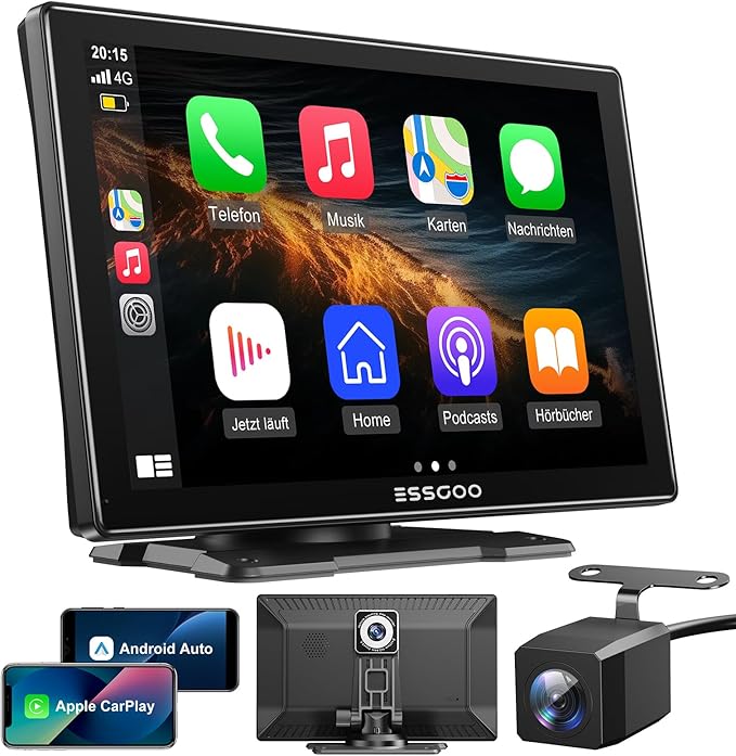 ESSGOO A-pple Carplay & Android Auto, 9 Zoll IPS Carplay Display,Mit 4k-Dashcam,1080p-RüCkfahrkamera,Carplay Auto Mit Bluetooth 5.0/Fm/Siri/G-oogle/Mirror Link/64g Tf/Aux