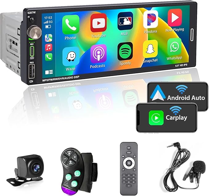 Alondy Autoradio 1Din mit Bildschirm (6,9") Kompatibel mit Apple CarPlay [Wireless] Android Auto Bluetooth USB (Typ-C 2,1A Schnellladung) Rückfahrkamera AM/FM/RDS Radio