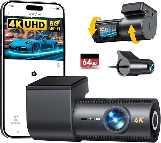 CIEVIE 4K+1080P Dashcam Auto Vorne Hinten mit 64GB SD Karte, 5GHz WiFi Dashcam mit 1,5′′ IPS Display, 170° Weitwinkel, G-Sensor, WDR Nachtsicht, Loop-Aufnahme, APP Steuerung, Unterstützt 256 GB Max