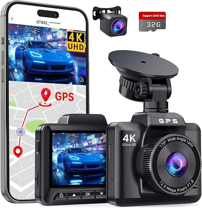 Dashcam Auto Vorne Hinten 4K+1080P, Dash Cam Auto mit GPS WiFi, Dual Autokamera mit 32GB Karte, 170° Weitwinkel, Super Nachtsicht, Parküberwachung, G-Sensor, Loop-Aufnahme, APP Steuerung, Max 256GB