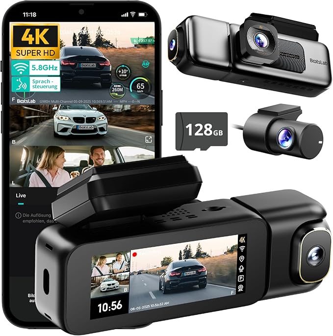BOTSLAB 4K 3-Kanal Dashcam Auto Vorne Hinten, 3 Channel 4K+1080P+1080P, GPS 5.8GHz WiFi Dash Cam mit 128GB SD Karte, 3.18",Super Nachtsicht,WDR, Sprachbefehl,G-Sensor,Loop-Aufnahme,Parküberwachung