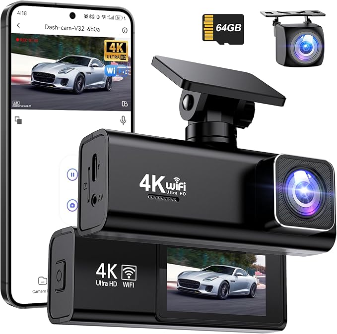 Topabol Dashcam Auto, 4K + 1080P Dashcam Auto Vorne Hinten, WiFi Dash Cam mit 64GB SD Karte, Dual Auto Kamera mit Nachtsicht, 170° Weitwinkel WDR, G-Sensor, Loop-Aufnahme, APP Steuerung, Max 256GB