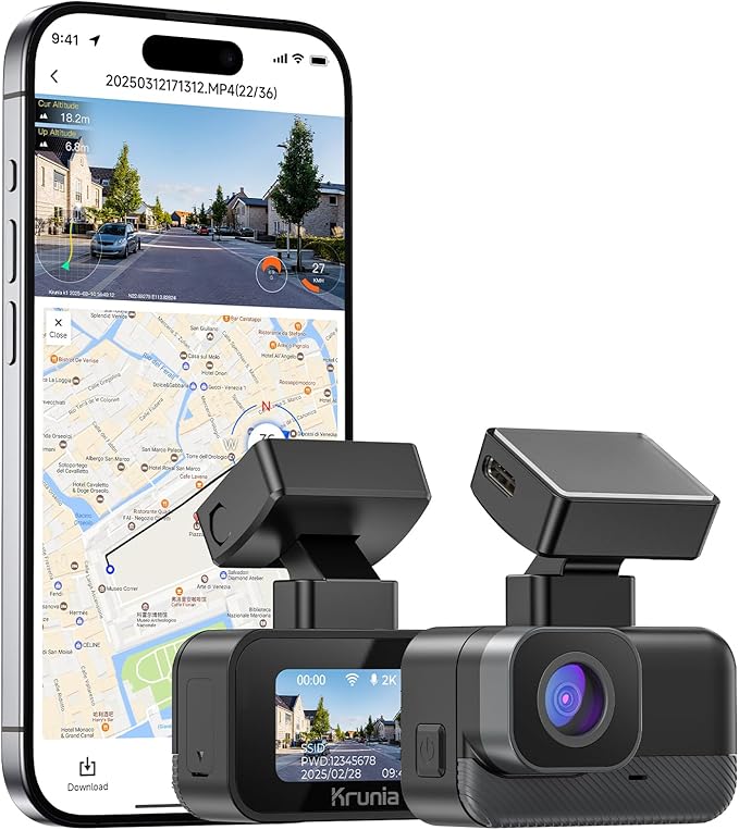 Krunia 2K WiFi Mini Dashcam Auto, Frontkamera mit App, CPL-Unterstützung, Externes GPS, WDR-Nachtsicht, 24Std Parküberwachung, Magnethalterung, Superkondensator, 170° Weitwinkel Kamera