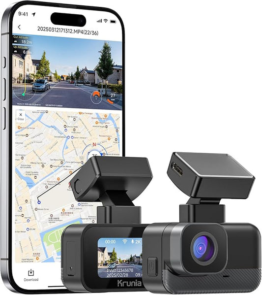 Krunia 2K WiFi Mini Dashcam Auto, Frontkamera mit App, CPL-Unterstützung, Externes GPS, WDR-Nachtsicht, 24Std Parküberwachung, Magnethalterung, Superkondensator, 170° Weitwinkel Kamera