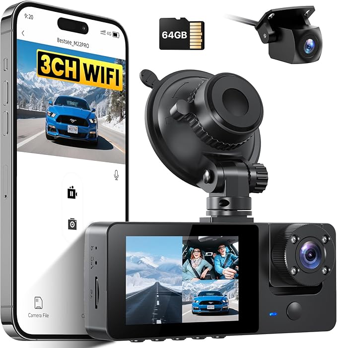 Bestsee 2.5K Dashcam Auto Vorne Hinten und Innen mit 64GB SD-Karte, Autokamera mit Parküberwachung, Bewegungserkennung, Infrarot Nachtsicht, G-Sensor, Loop-Aufnahm, WDR, Sichtwinkel(170°+150°+150°)