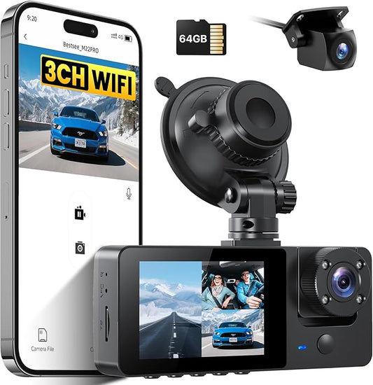 Bestsee 2.5K Dashcam Auto Vorne Hinten und Innen mit 64GB SD-Karte, Autokamera mit Parküberwachung, Bewegungserkennung, Infrarot Nachtsicht, G-Sensor, Loop-Aufnahm, WDR, Sichtwinkel(170°+150°+150°)
