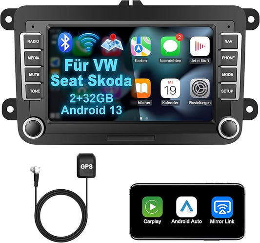 Lehwey Bluetooth Autoradio mit Bildschirm für Golf 5 6 VW Polo T5 Passat Touran Seat mit Navi WLAN FM/AM, Apple Carplay, Android Auto, Lenkrad Strg, 2Din Android 13 Dab Auto Radio Touch Display 7 Zoll