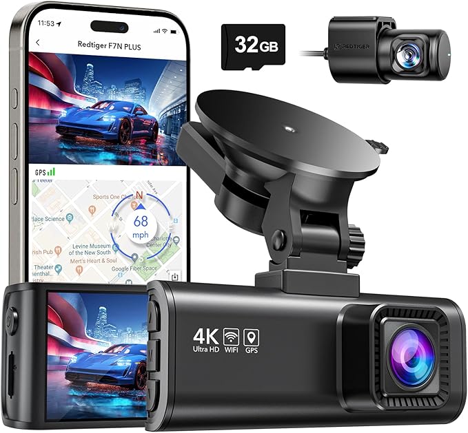 REDTIGER Dashcam Auto Vorne Hinten 4K/2,5K mit GPS WiFi, Dash Cam Auto Kamera 3,18" IPS-Bildschirm, kostenlose 32-GB-Karte, Nachtsicht, Loop-Aufnahme, 170°Weitwinkel WDR, Unterstützt 256 GB Max(F7NP)