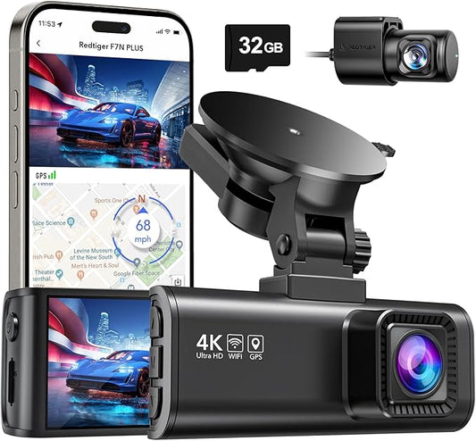 REDTIGER Dashcam Auto Vorne Hinten 4K/2,5K mit GPS WiFi, Dash Cam Auto Kamera 3,18" IPS-Bildschirm, kostenlose 32-GB-Karte, Nachtsicht, Loop-Aufnahme, 170°Weitwinkel WDR, Unterstützt 256 GB Max(F7NP)