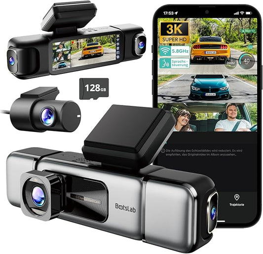 BOTSLAB 4 Kanal Dashcam Auto Vorne Hinten, 4 Channel 3K+3 * 1080P, Autokamera mit 128GB SD Karte, GPS 5GHz WiFi,3.18" IPS-Bildschirm,Super Nachtsicht,WDR, G-Sensor,Loop-Aufnahme,Parküberwachung