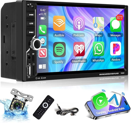 Podofo Carplay 2 Din Car Stereo, 7 Zoll Bluetooth Autoradio, Doppel Din Radio Unterstützung Wireless Android Auto/Touchscreen/Bluetooth 5.1/MirrorLink/FM/USB/AUX/Laden/Fernbedienung + Rückfahrkamera