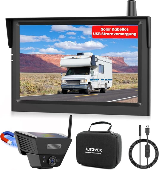 AUTO-VOX Rückfahrkamera Kabellos Solar Magnetische Rückfahrkamera Funk: 1-Minuteneinrichtung, 5" 1080P Monitor, 115m Reichweite für Wohnwagen, LKW, Auto, Wohnmobil, Anhänger