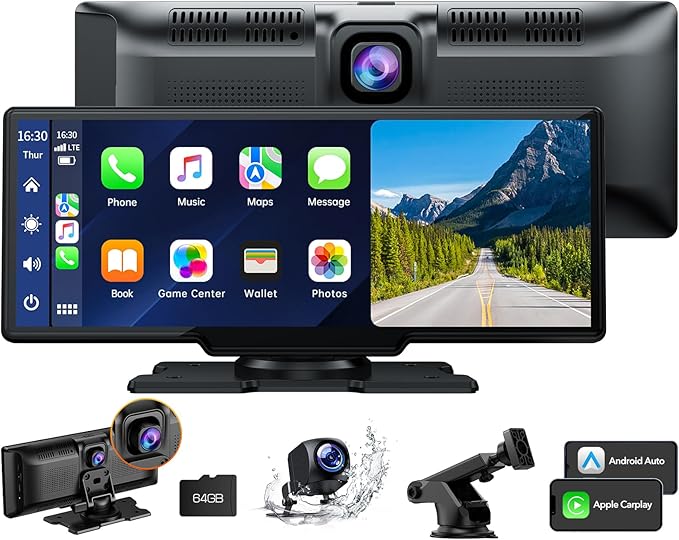Volam 9.26 Zoll Carplay Display mit 2.5K Dashcam Auto Vorne,1080P Rückfahrkamera, Wireless A-pple Carplay Android Auto, Mirror Link, Navigation, G00gle,Siri, FM,AUX, Loop Recording, 64G SD-Karte