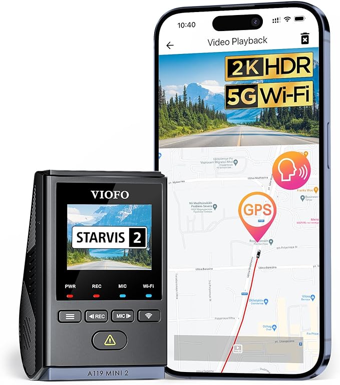 VIOFO Dashcam A119 Mini 2, Front 2,7K 5GHz Wi-Fi, 2K 60fps/HDR 30fps Sprachsteuerung, STARVIS 2 Verbesserte Nachtsicht, 1,5" LCD Versteckte Dash Cam Auto, GPS Autokamera, 24h Parkmodus, Sprachausgabe