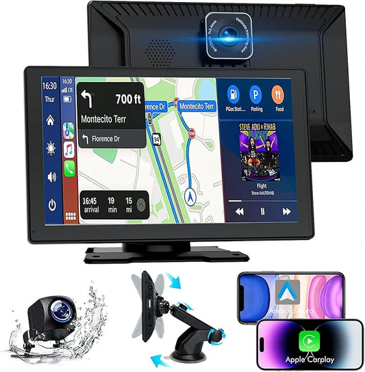 Carplay Display, 9" Apple carplay, Android Auto Display mit 1080P HD Rückfahrkamera & Frontkamera, GPS Navigation, Freisprecheinrichtung, Mirror Link, FM, Einfacher Einbau