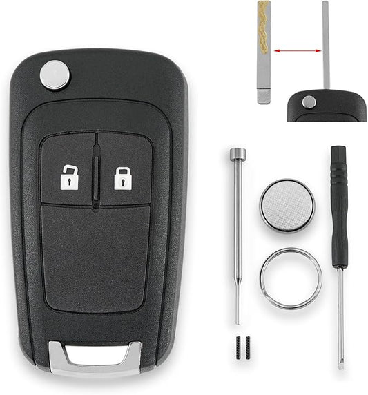2 Tasten Autoschlüssel Gehäuse für Opel Vauxhall Adam Astra J Cascade Insignia Meriva Mokka Viva Zafira mit Batterie CR2032 und Pin-Entfernungswerkzeug Schraubendreher Schlüsselring
