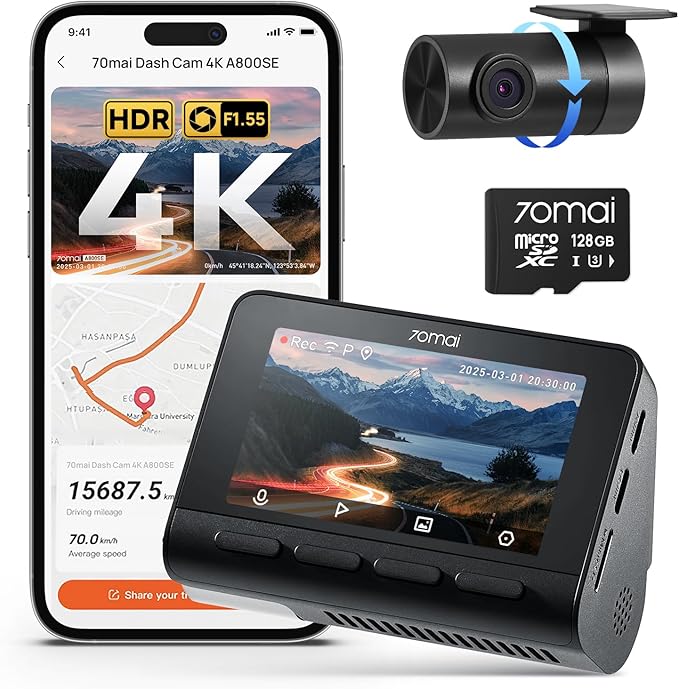 70mai A800SE Dashcam Auto Vorne Hinten 4K UHD+1080P mit GPS WiFi, Dual Autokamera inkl.128GB SD Karte, F1.55 Blende HDR, 24/7 Parküberwachung, Nachtsicht, ADAS, 3-Zoll-IPS, Bis 512 GB Max