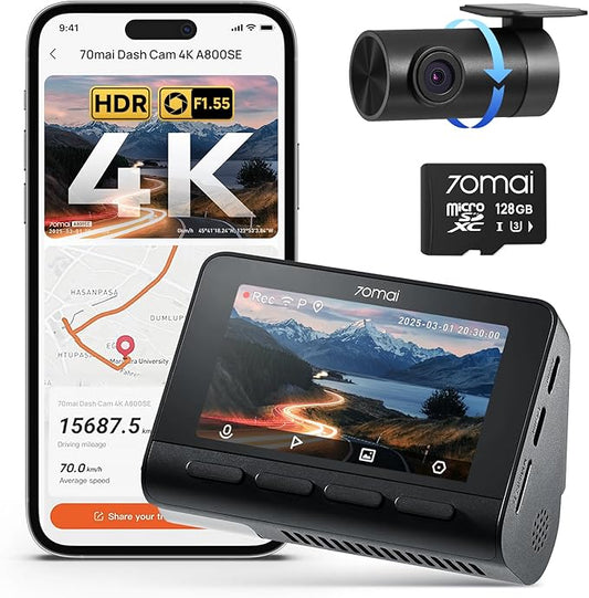 70mai A800SE Dashcam Auto Vorne Hinten 4K UHD+1080P mit GPS WiFi, Dual Autokamera inkl.128GB SD Karte, F1.55 Blende HDR, 24/7 Parküberwachung, Nachtsicht, ADAS, 3-Zoll-IPS, Bis 512 GB Max