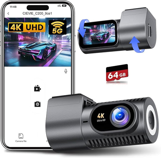 CIEVIE Dashcam Auto Vorne 4K, 1,5" IPS Display & 5G WiFi & 64GB Karte, 360° Drehbar Mini Dash Cam, Auto Kamera mit WDR Nachtsicht, 24/7 Parküberwachung, G-Sensor, Loop-Aufnahme, 170° Weitwinkel, C200