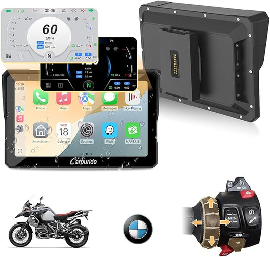 Carpuride W702BS Pro Motorrad Carplay Bildschirm mit Nativ Wonder Wheel für BMW Motorrad, Kabelloses CarPlay & Android Auto, 7" Wasserdichter Touchscreen, Dual Bluetooth, Gegensprech, Datenauslesung.