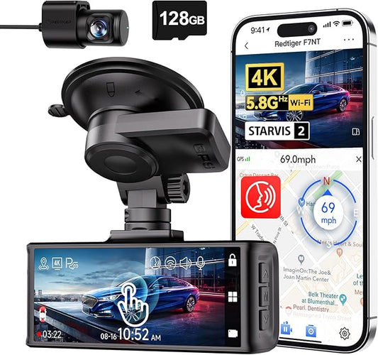 REDTIGER 4K STARVIS 2 Dashcam Auto Vorne Hinten, Touchscreen 3,18 Zoll, Sprachsteuerung, Dash Cam Auto 5.8GHz WiFi GPS, Kostenlose 128GB Karte, 2160P UHD Nachtsicht, WDR, Parkmonitor(F7N Touch)