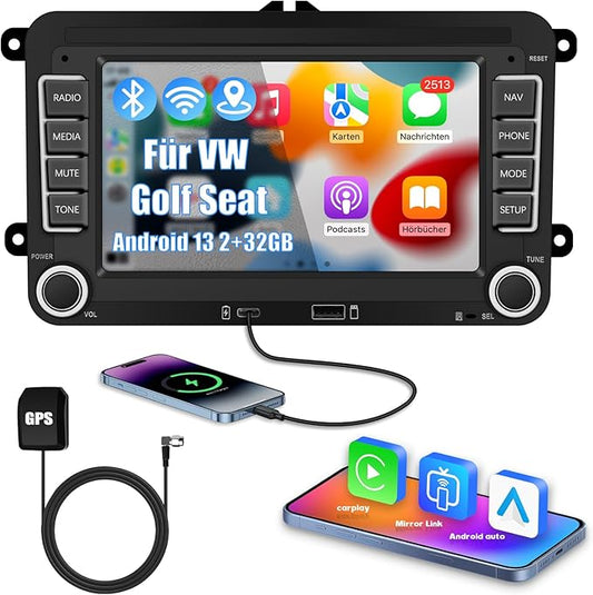 Ledio Bluetooth Autoradio mit Bildschirm für VW Golf 5 6 T5 Polo 6r Caddy Passat Touran Seat, Auto Radio mit Navi WLAN FM/AM Dab Radio, Apple Carplay Android Auto Mirrorlink 2Din 7 Zoll Android 14 GPS