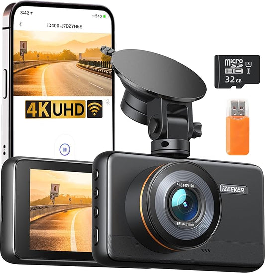 iZEEKER 4K Dashcam Auto, 2160P WiFi Dash Cam Autokamera mit 32GB Karte, Nachtsicht-Dashcam mit Loop-Aufnahme, G-Sensor Auto Lock, 24h Parkmodus, WDR
