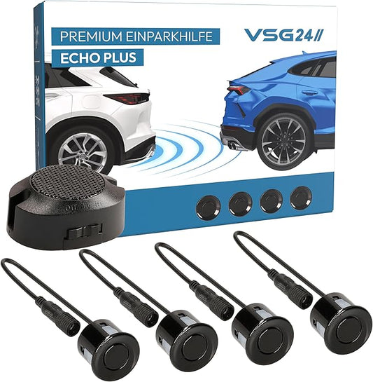 VSG24 Premium Einparkhilfe hinten zum nachrüsten am Auto, PDC Parksensoren hinten mit Stecksystem für einfachste Montage Rückfahrwarner mit Lautsprecher & 4 Sensoren Parkhilfe Nachrüstsatz Schwarz